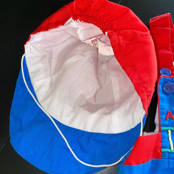 Vintage train baby romper blue red button matching hat sz 12 mos overall one pc - Picture 5 of 6